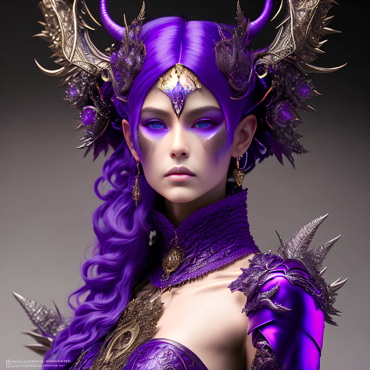 Fantasy character with purple hair and horned headdress in golden armor