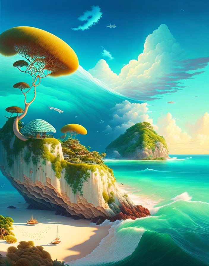 Fantastical seascape with oversized mushrooms and wave-like hills overlooking a serene turquoise ocean.