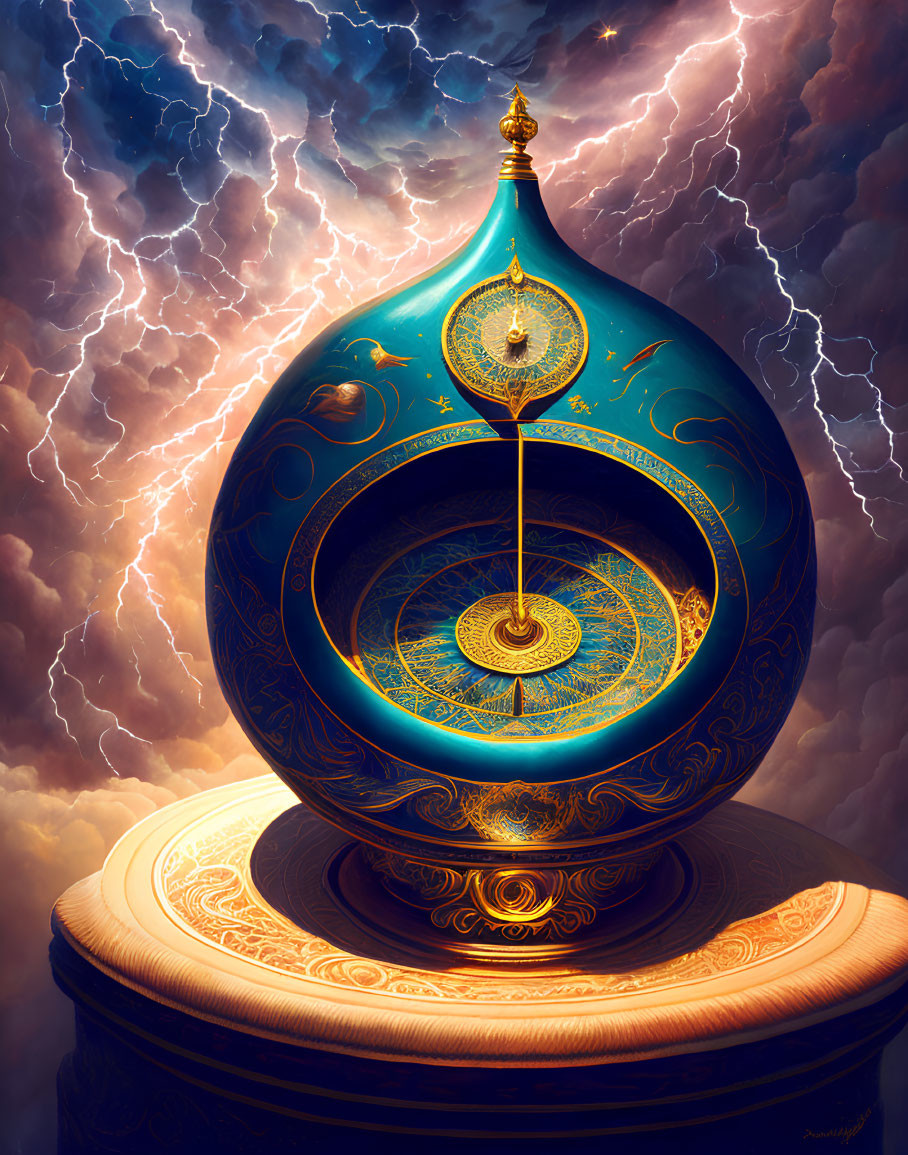 Cosmic hourglass with ornate design under stormy skies