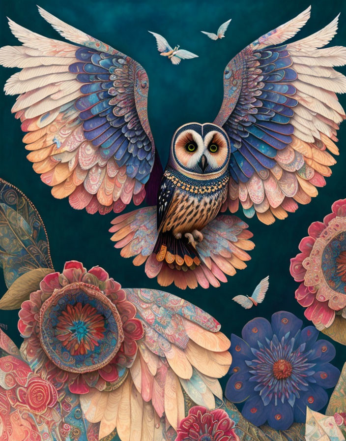 Ornate owl illustration in flight with vibrant, patterned wings amidst floral designs on teal background