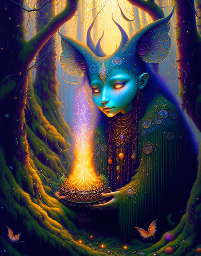 Blue-skinned creature with horned head in magical forest holding golden flame bowl