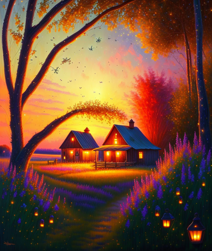 Twilight scene with glowing cottages, meadow, trees, and birds.