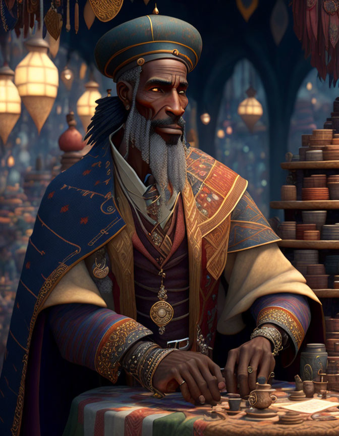 Regal character with beard in turban and robes, surrounded by candles and pottery