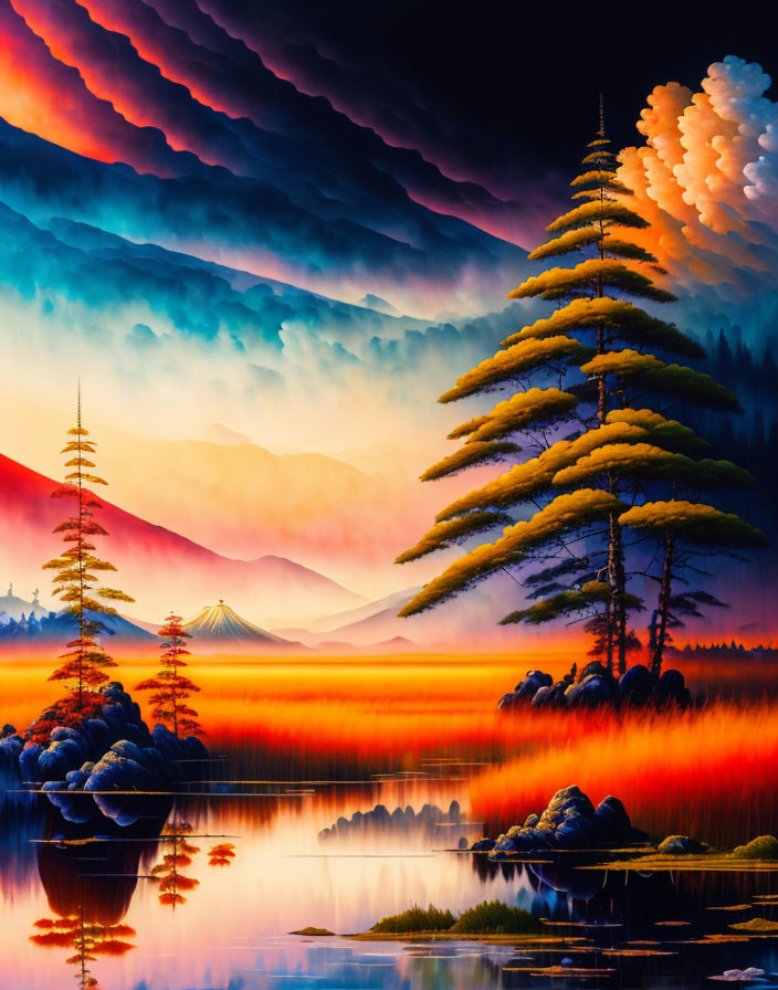 Surreal landscape with fiery skies, calm waters, evergreen trees, mountains, and dramatic clouds