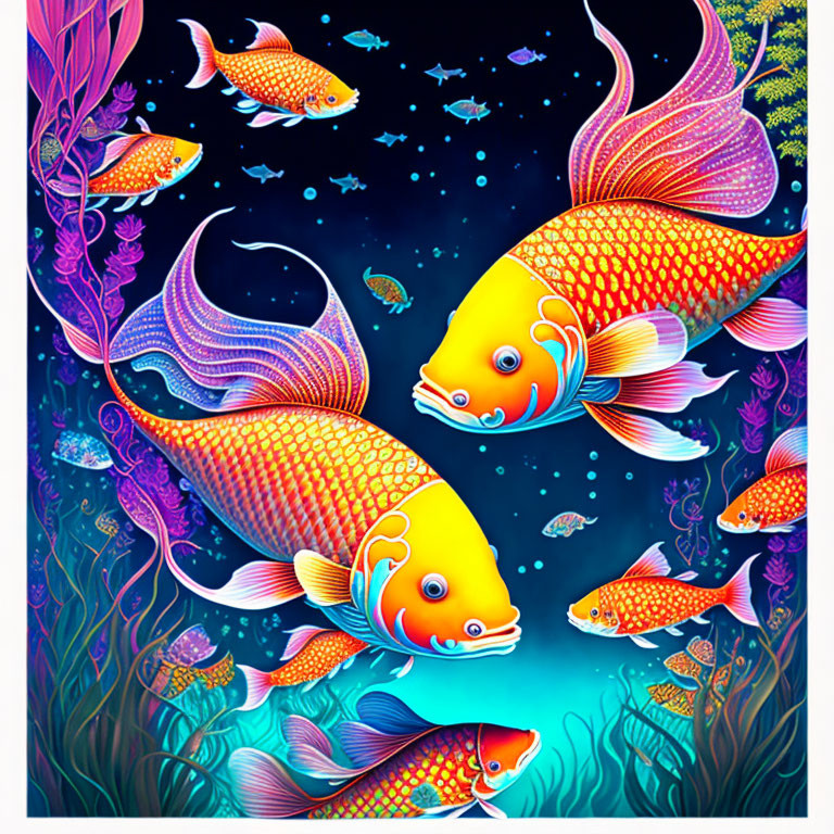 Vibrant golden koi fish among marine plants and fish