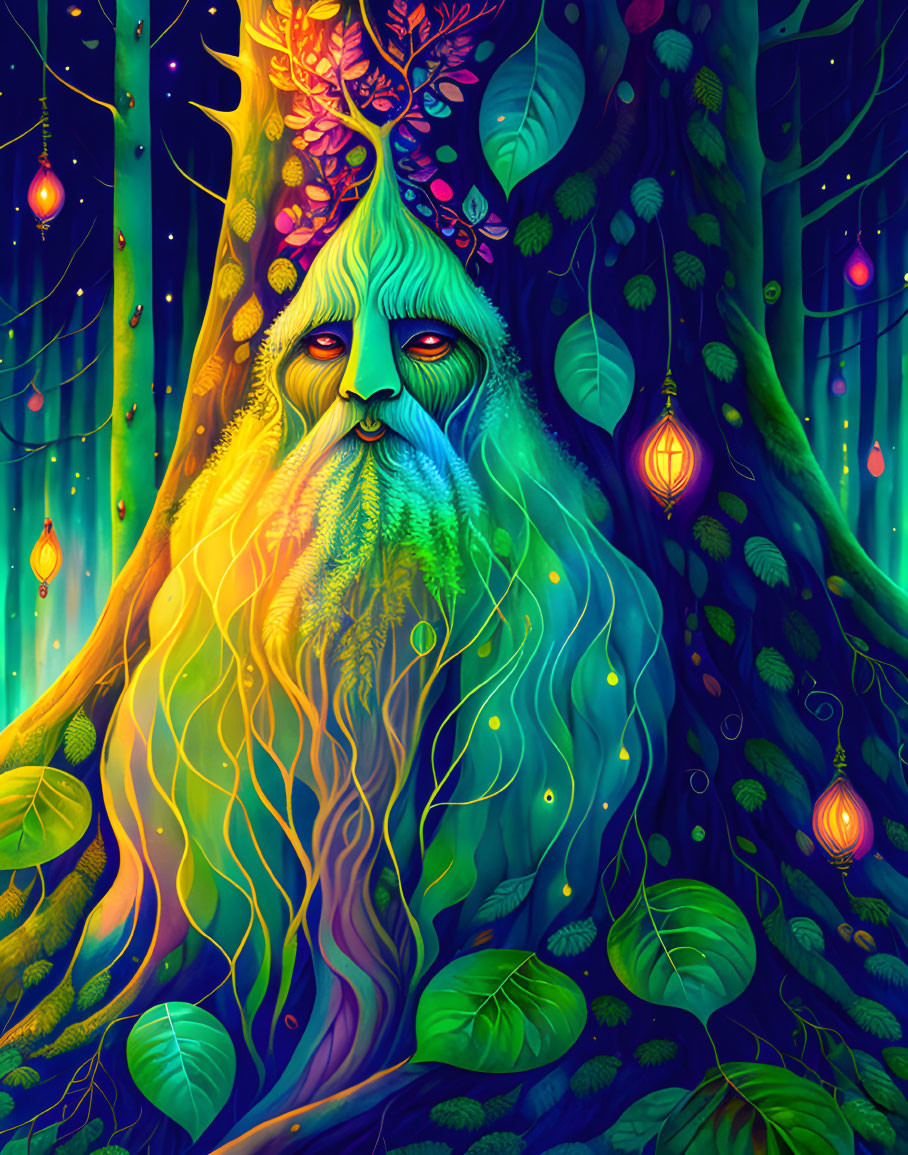 Enchanted forest scene with mystical tree and old man face in luminous foliage