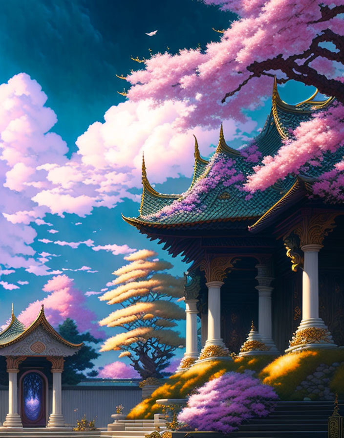 Asian-style temple with cherry blossom tree and fluffy clouds illustration