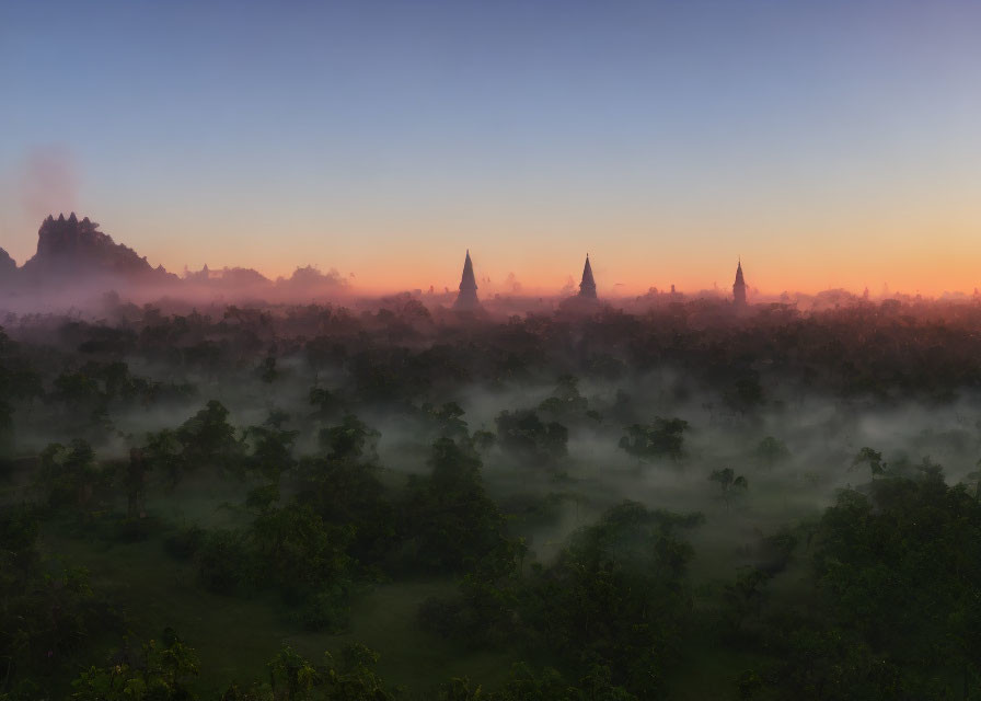 Misty dawn landscape with ancient temple spires and forest under gradient sky