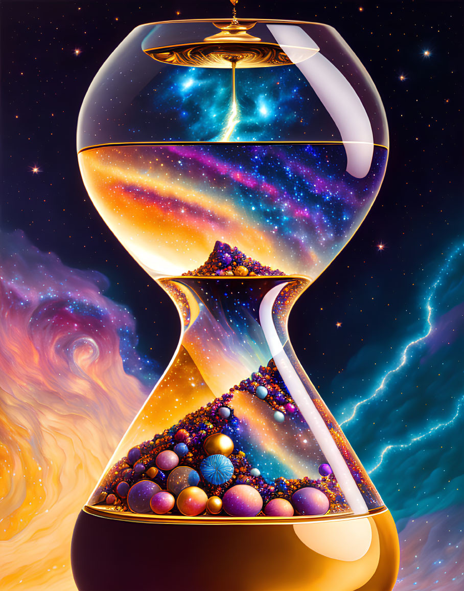 Hourglass with galaxies, stars, and nebulae swirling inside