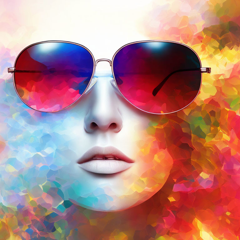 Woman's face with oversized aviator sunglasses on vibrant abstract background