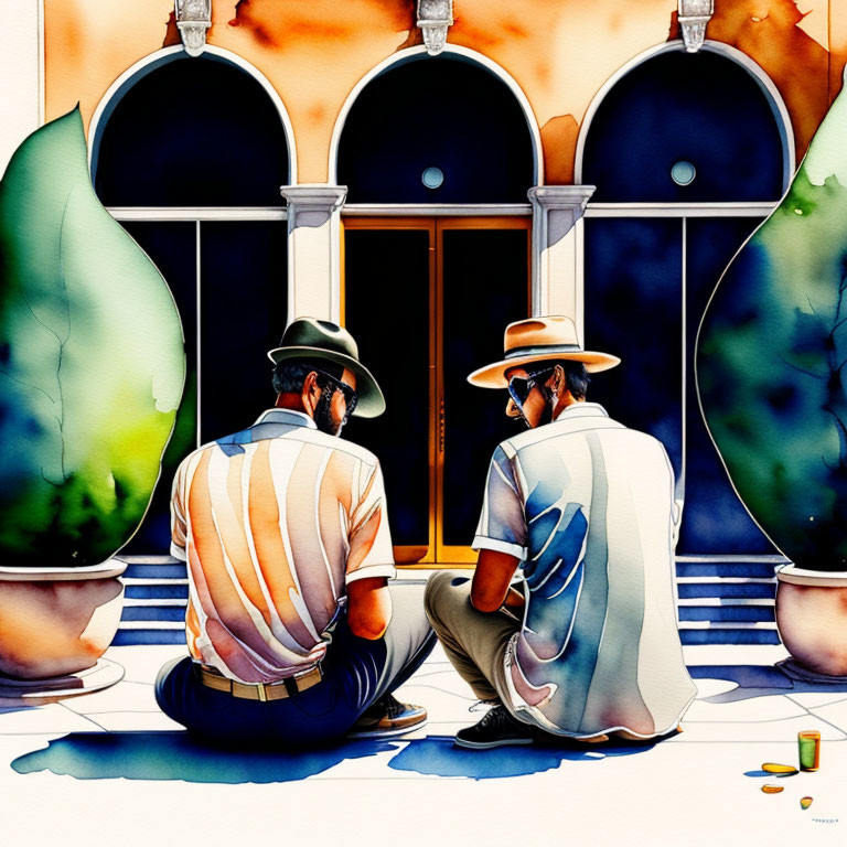 Two people in hats chatting on tiled floor with colorful arches backdrop