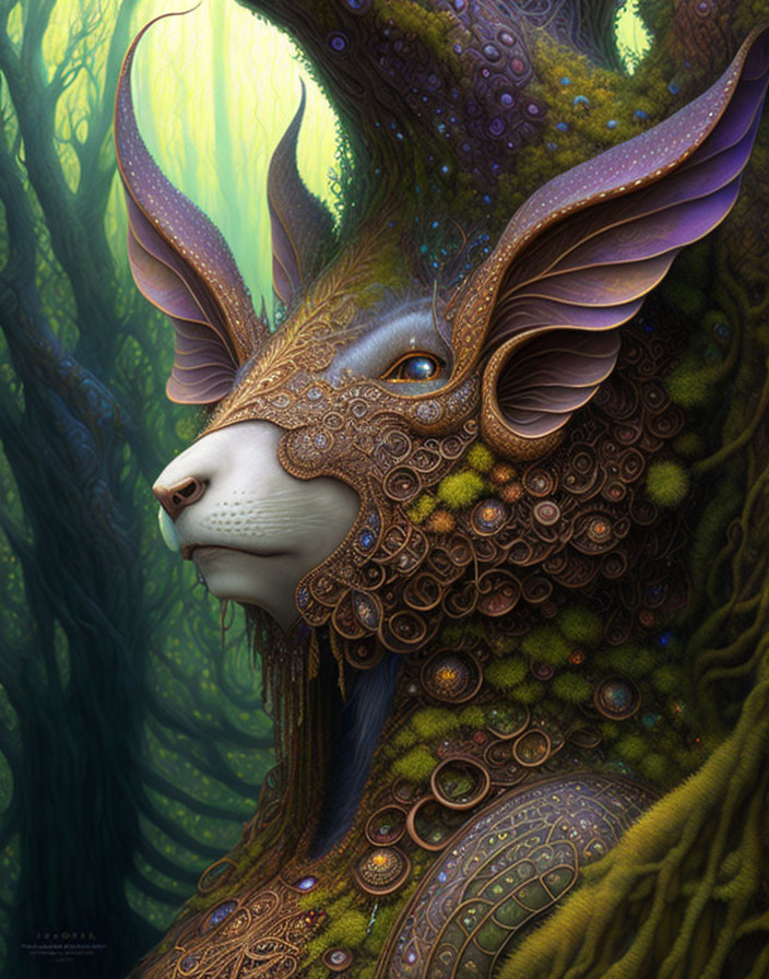 Elaborate forest creature with flora and fauna textures in lush greenery