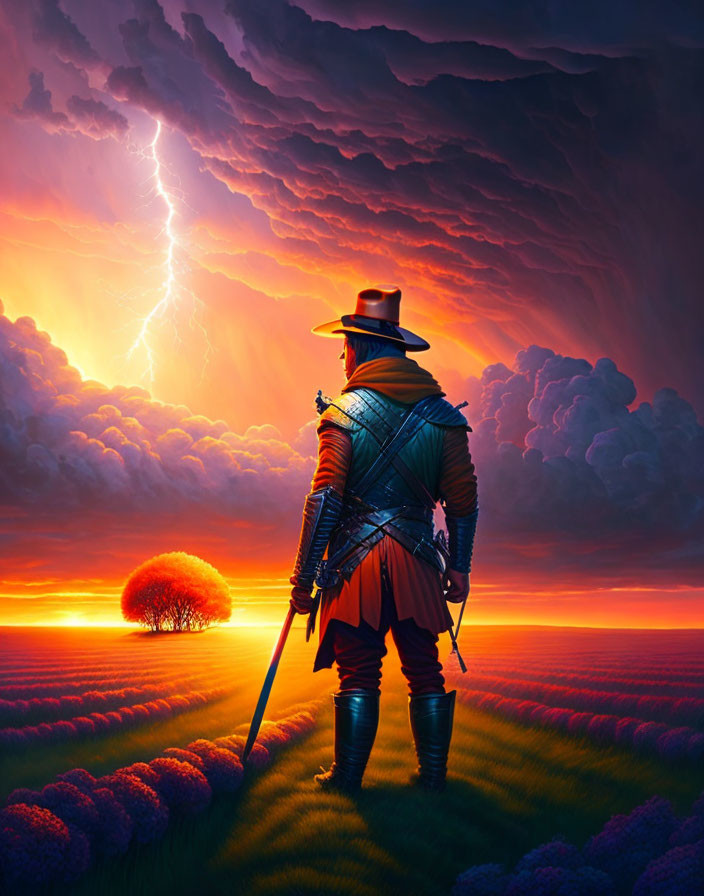 Traditional European clothing figure gazes at surreal orange skies with lightning bolt and illuminated tree.