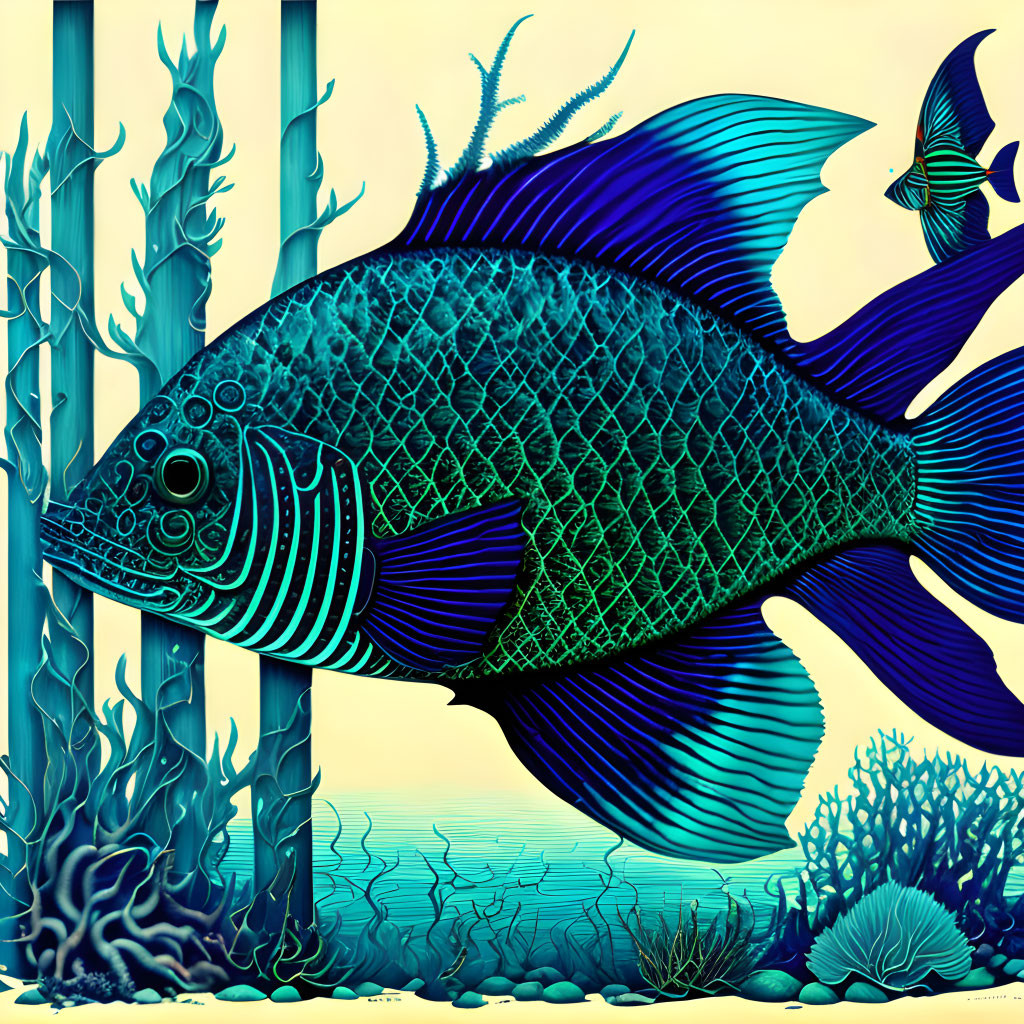 Colorful Illustration of Blue Fish Among Seaweed and Coral