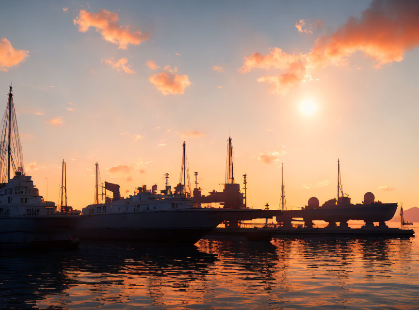 Harbor sunset with ship silhouettes and vibrant sky reflected on water