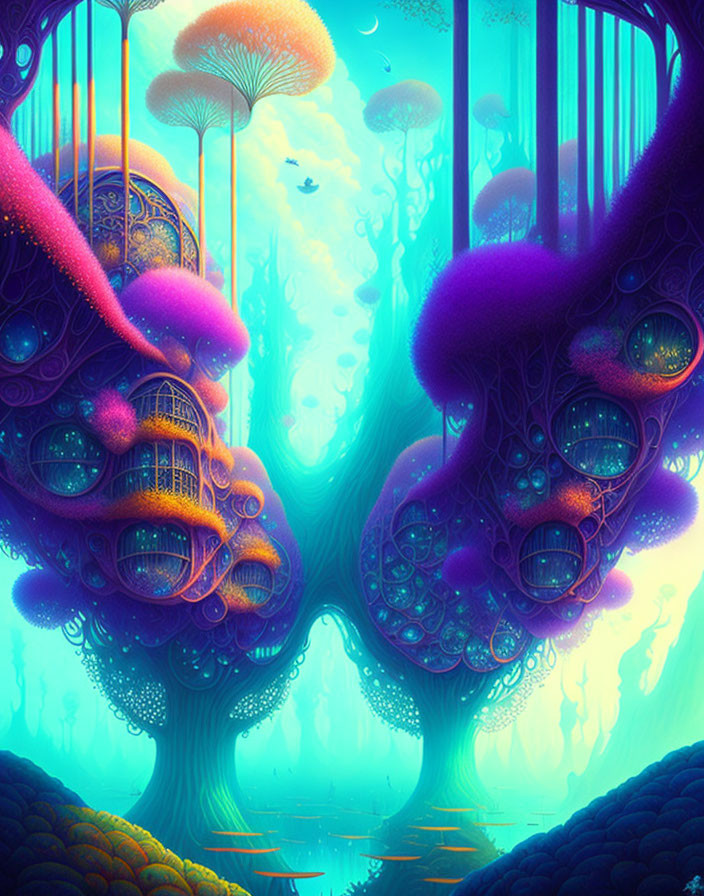 Vibrant Blue and Purple Surreal Landscape with Mushroom-Like Trees