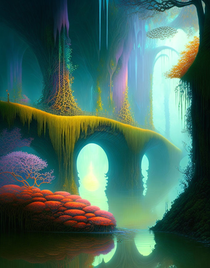 Vibrant trees, arching bridge, and glowing plants in mystical forest.