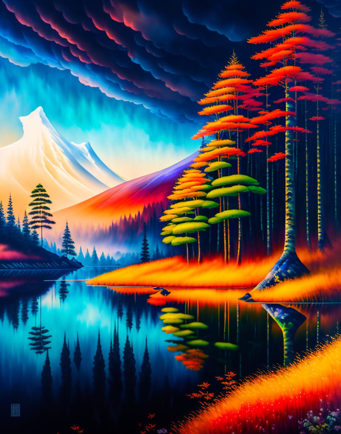 Snow-Capped Mountain and Fiery Trees in Landscape Painting