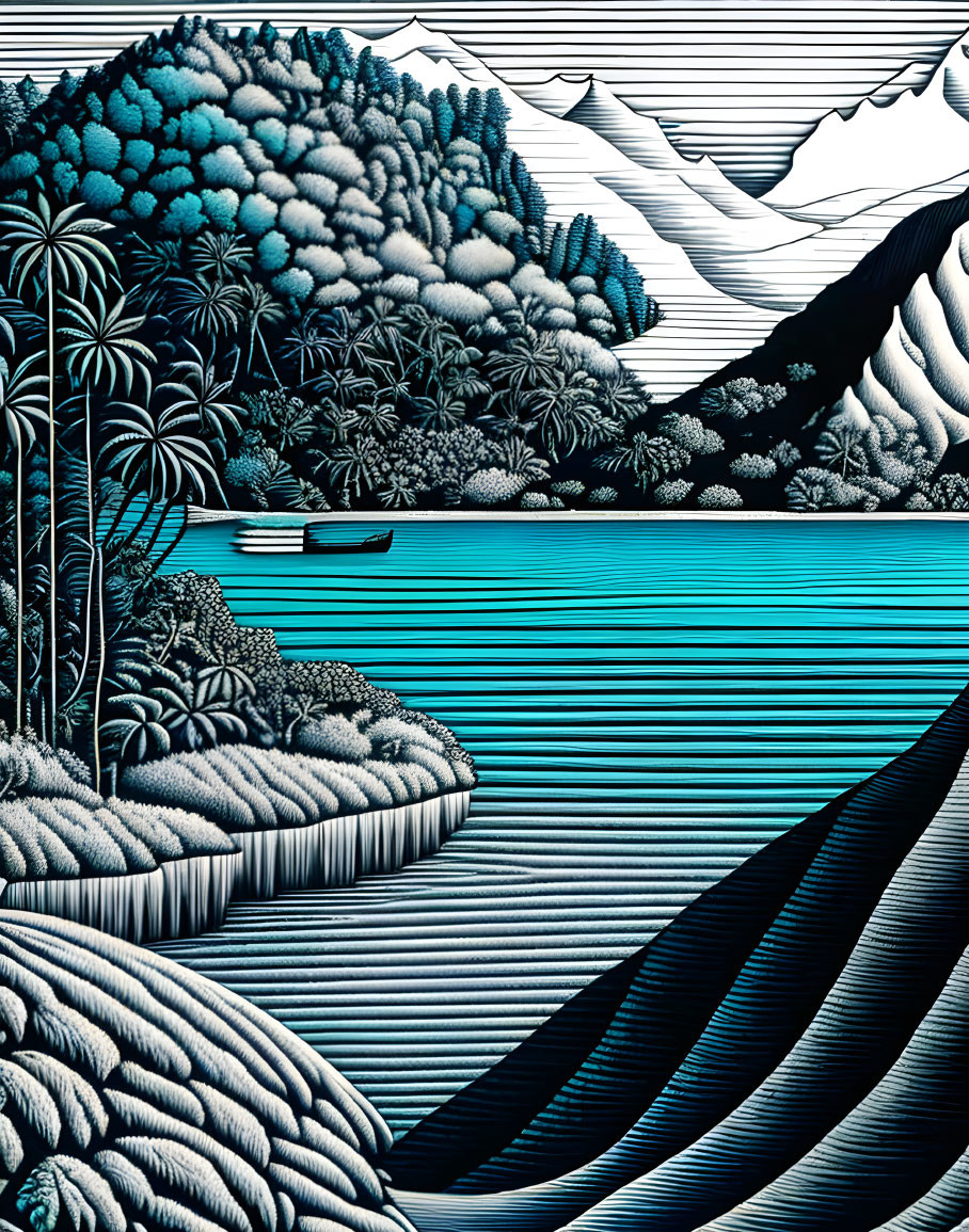 Stylized landscape with mountains, trees, boat, and blue textures