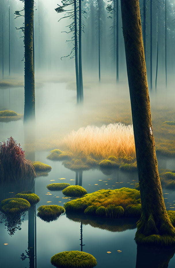 Tranquil forest scene with moss-covered rocks and calm water