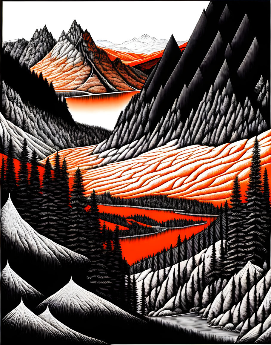 Monochrome landscape with stylized hills, trees, and reflective water highlighted in orange.