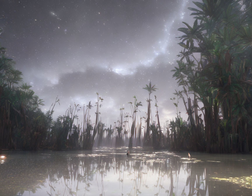 Tranquil swamp at night with starry sky and tall trees reflected in water