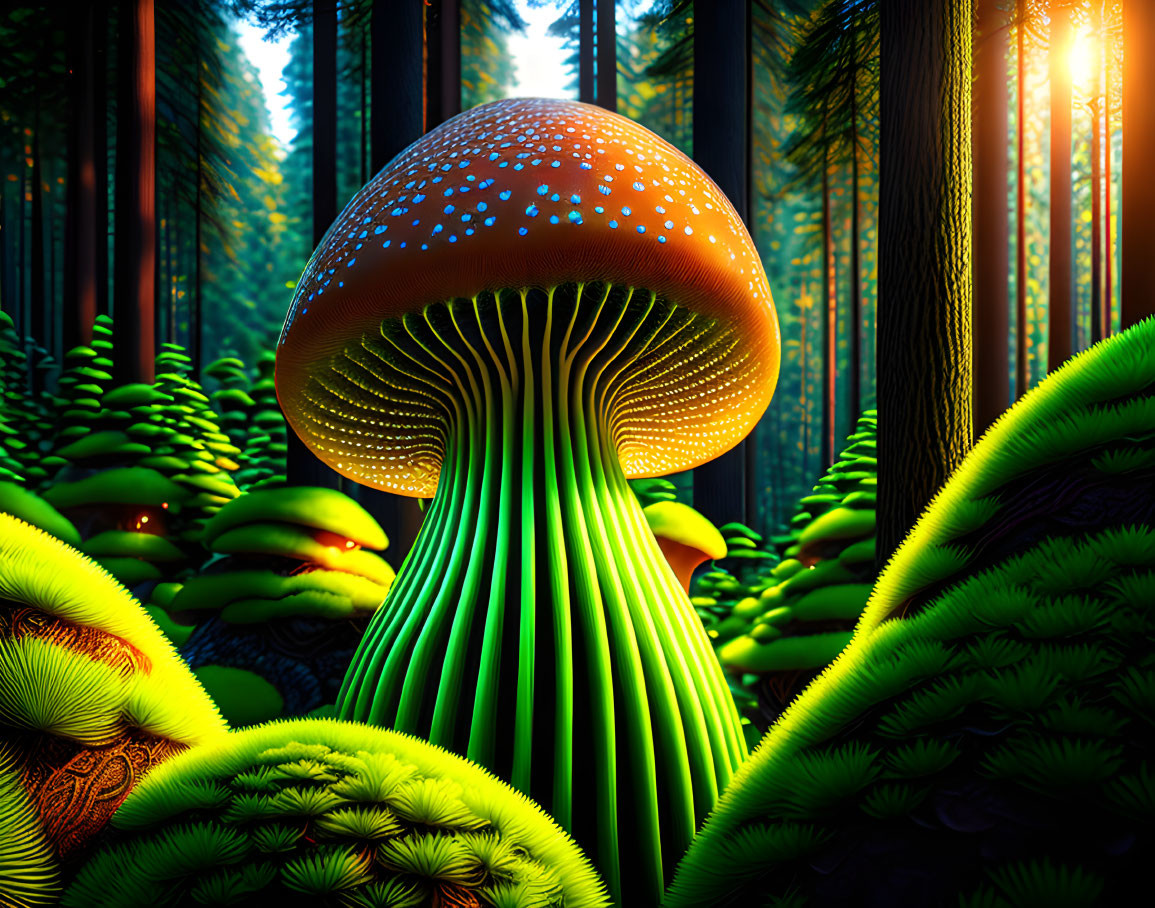 Fantastical glowing mushroom in enchanted forest