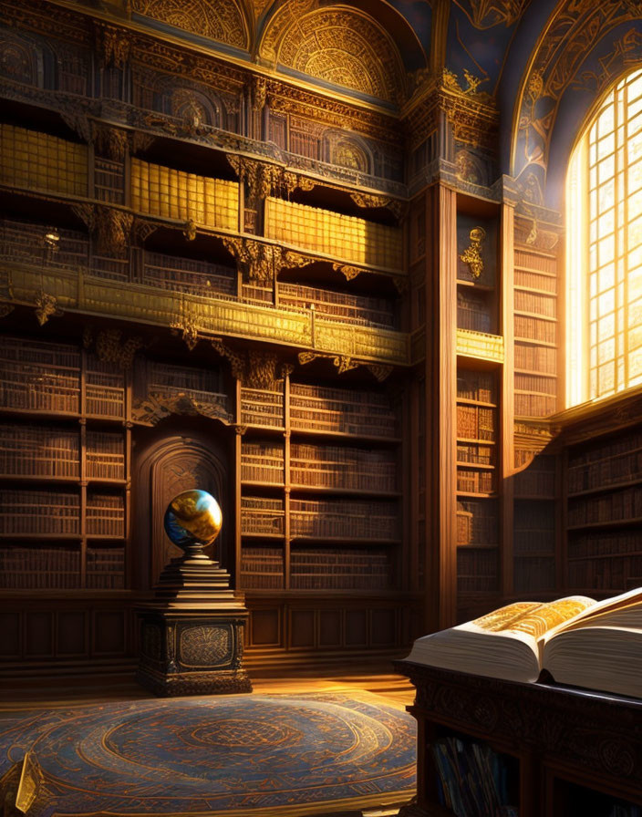 Ornate library with wooden bookshelves, glowing globe, intricate patterns, sunlight through arched