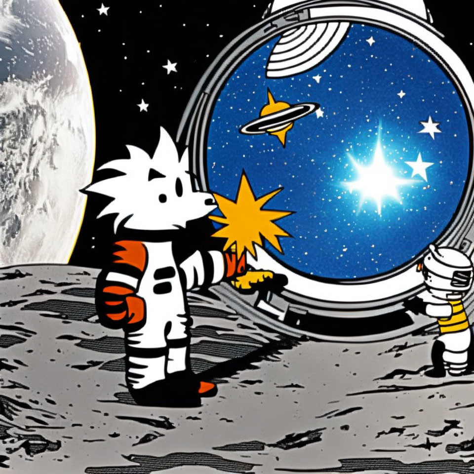 Two characters in spacesuits explore the moon in a cartoon scene.