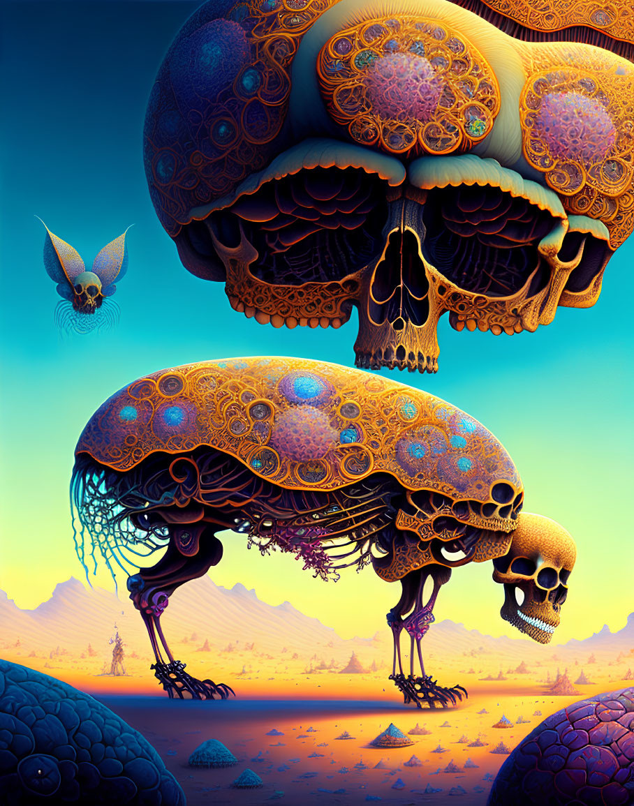 Intricate surreal artwork: skulls, mushroom structures, detailed patterns in desert landscape.