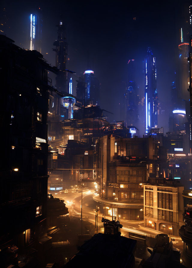 Futuristic nighttime cityscape with neon-lit buildings