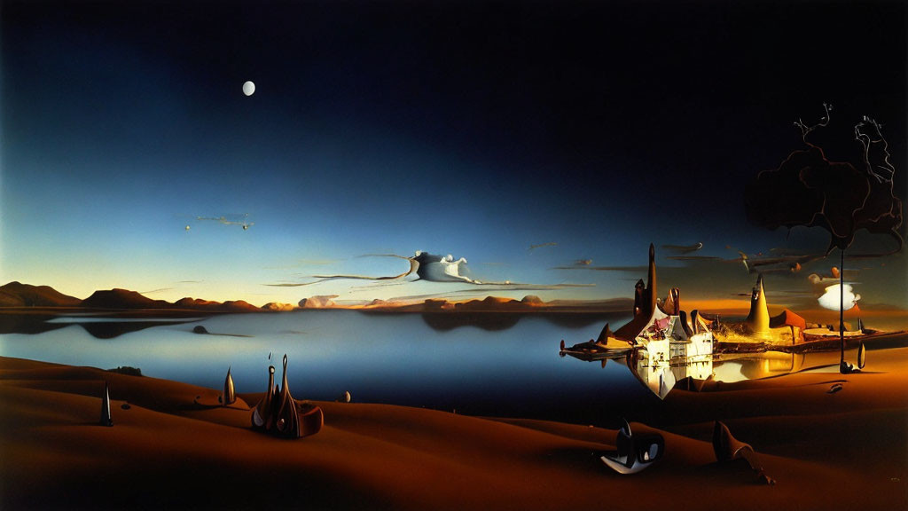 Surrealistic landscape painting with melting clocks, tranquil lake, and distorted objects