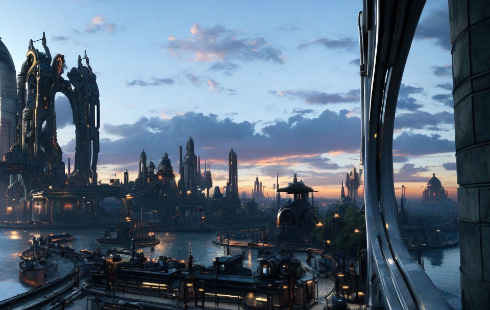 Futuristic cityscape with tall skyscrapers and flying vessels at dusk