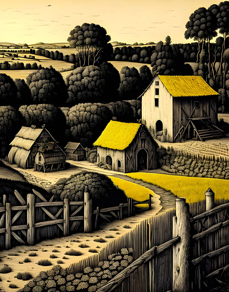 Monochromatic countryside illustration with barn, houses, pathway, and trees