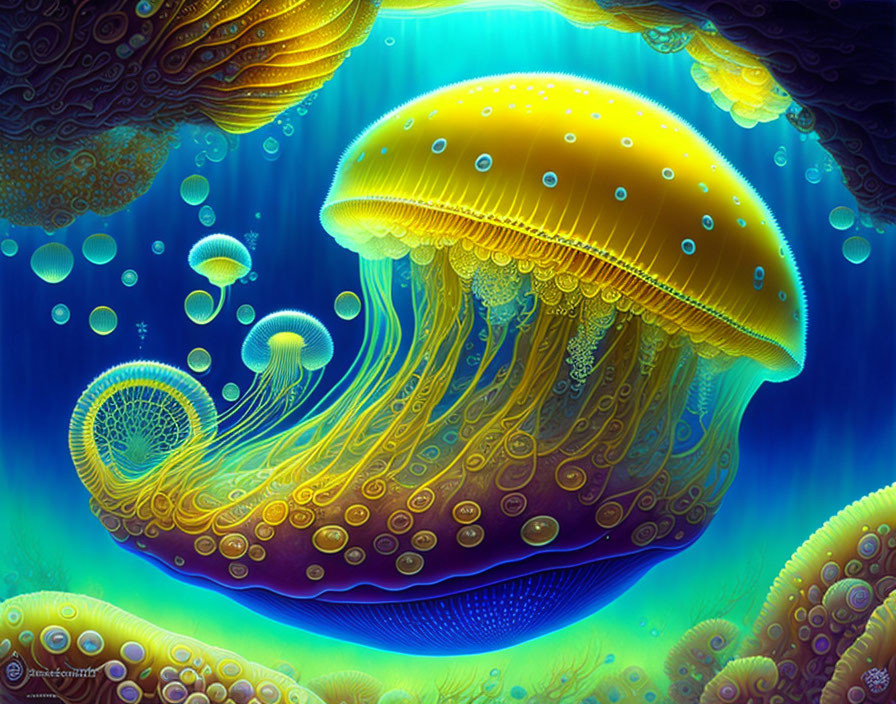 Colorful Jellyfish Illustration in Deep-Sea Setting