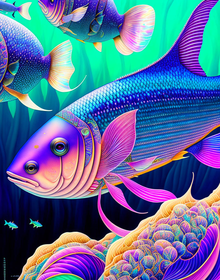 Vibrant digital artwork of large fish and coral structures