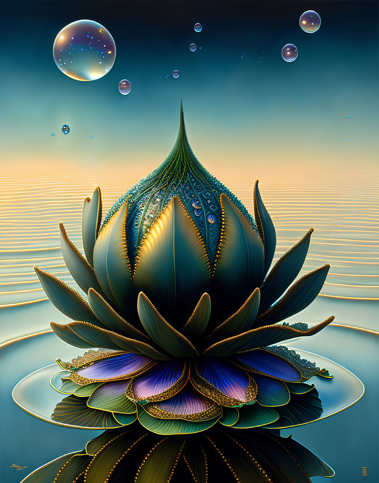 Iridescent lotus-like structure on water at sunset with bubbles and distant planet