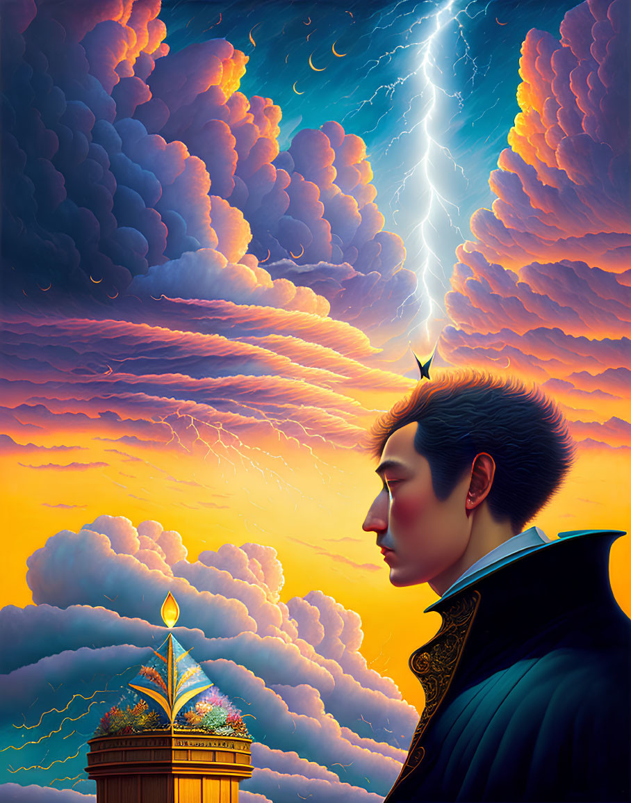 Surreal portrait of man with light crown, vivid sky, lightning, and burning candle