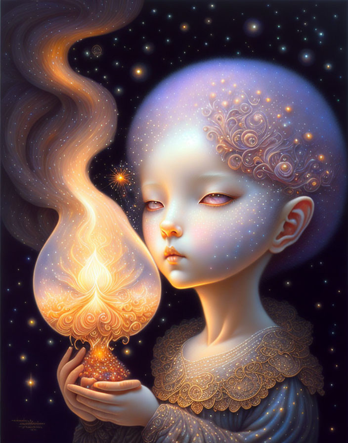 Child with Cosmic Features Holding Glowing Flame Object on Starry Background