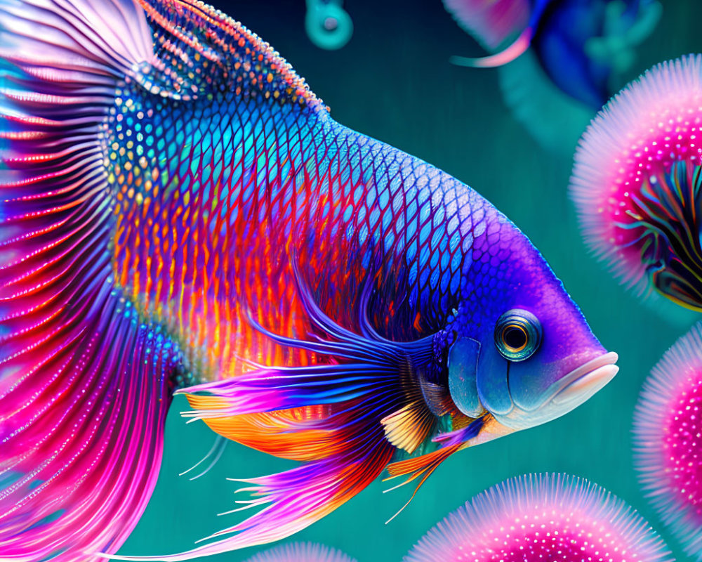 Colorful Siamese Fighting Fish Illustration with Aquatic Flora Background