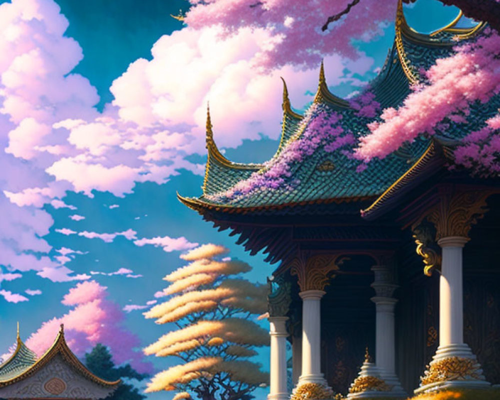 Asian-style temple with cherry blossom tree and fluffy clouds illustration