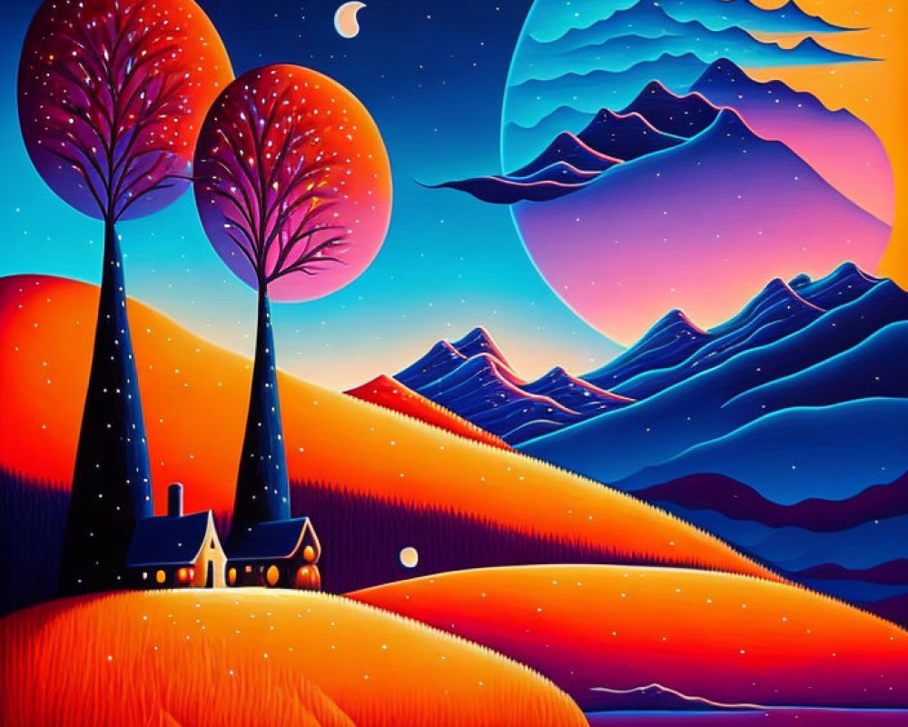 Colorful landscape painting with tall trees, house, hills, moon, stars, gradient sky.