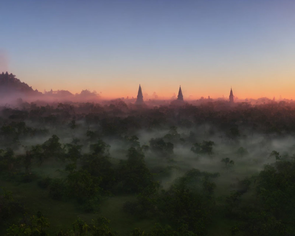 Misty dawn landscape with ancient temple spires and forest under gradient sky