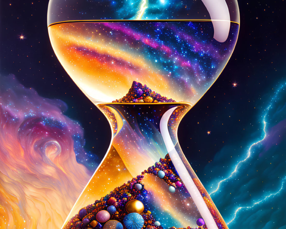 Hourglass with galaxies, stars, and nebulae swirling inside