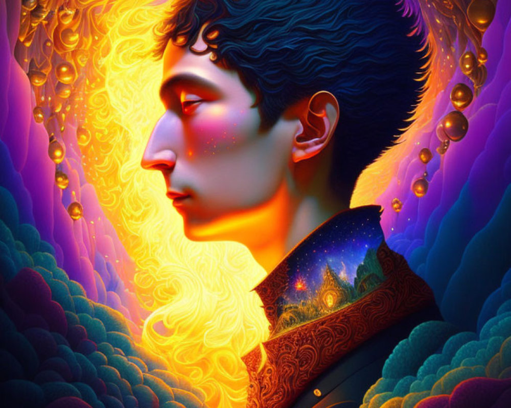 Profile view digital art with cosmic backdrop and swirling galaxies.