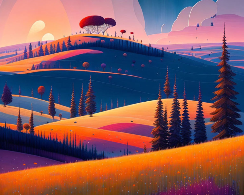 Surreal landscape with stylized hills, trees, and moons in purple and orange palette