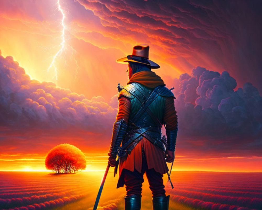 Traditional European clothing figure gazes at surreal orange skies with lightning bolt and illuminated tree.