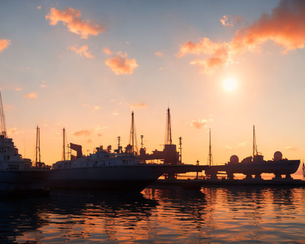 Harbor sunset with ship silhouettes and vibrant sky reflected on water