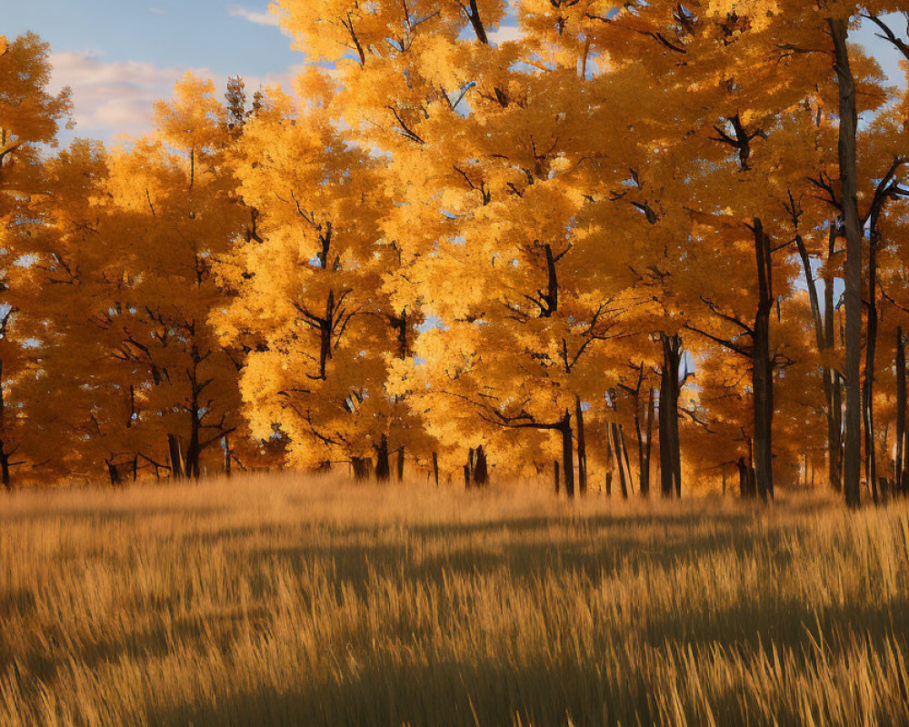 Tranquil autumn landscape with golden trees and sunlit grass