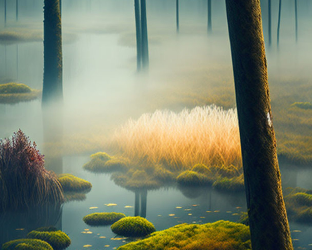 Tranquil forest scene with moss-covered rocks and calm water